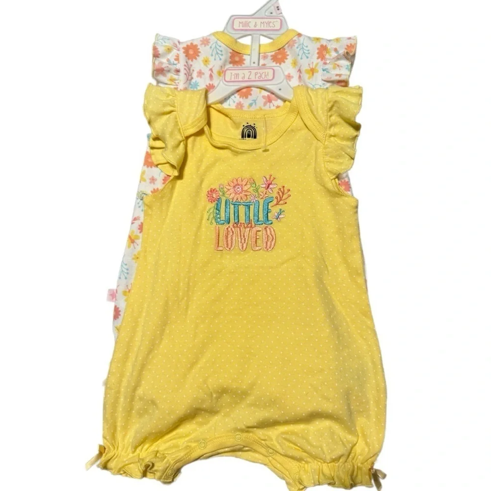 Millie & Miles 2 Pack Baby Romper Yellow and Floral Design 24 Month 100% Cotton